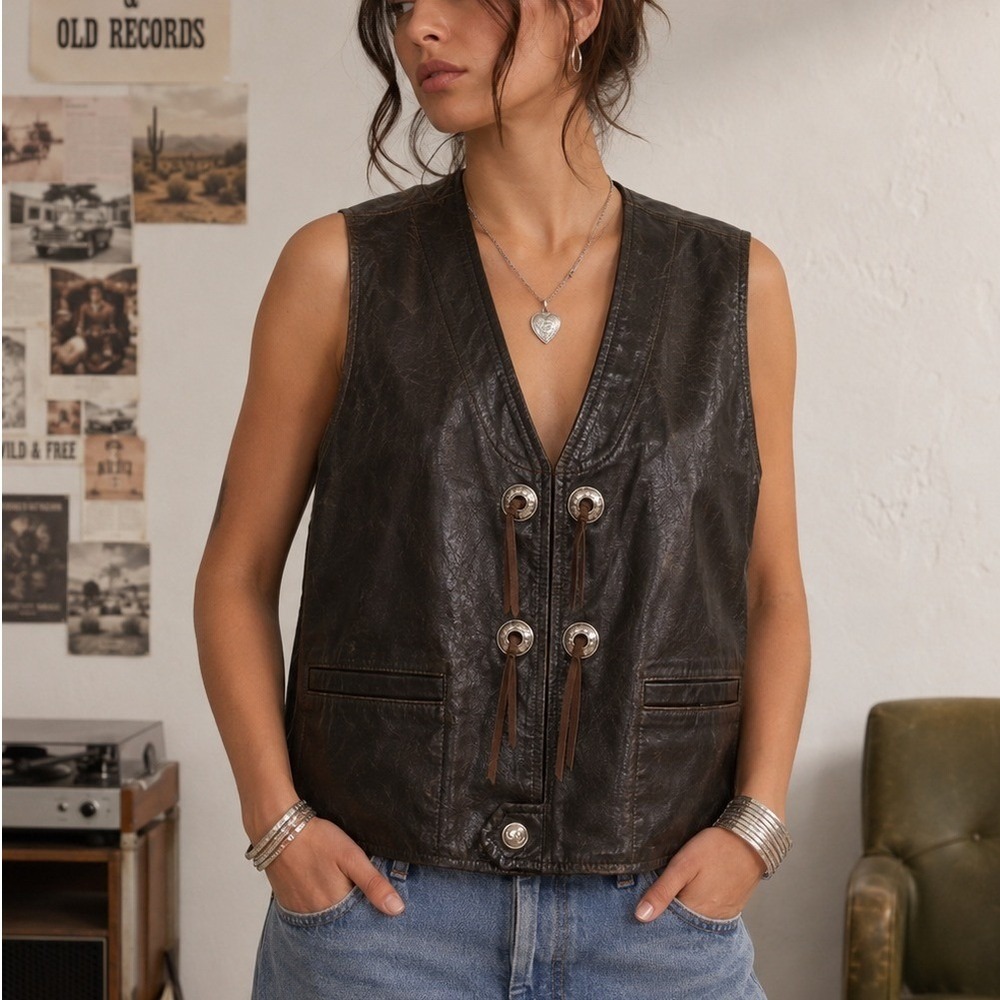 Vintage 70s Sprung Calgary Leather Western Vest Concho Ties Brown Canada Made
